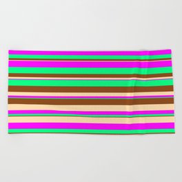 [ Thumbnail: Tan, Fuchsia, Green & Brown Colored Striped Pattern Beach Towel ]