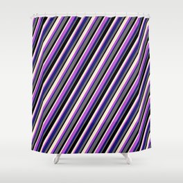 [ Thumbnail: Colorful Beige, Orchid, Midnight Blue, Dim Gray, and Black Colored Lined/Striped Pattern Shower Curtain ]
