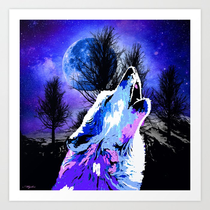 Nebula Wolf Moon Tree Mountain Sparkle Art Print By Saundramyles