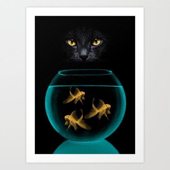 Black Cat Goldfish Art Print