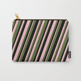 [ Thumbnail: Pink, Dark Olive Green & Black Colored Stripes Pattern Carry-All Pouch ]