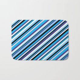 [ Thumbnail: Deep Sky Blue, Dark Slate Blue, Mint Cream, Light Sky Blue, and Black Colored Lines Pattern Bath Mat ]