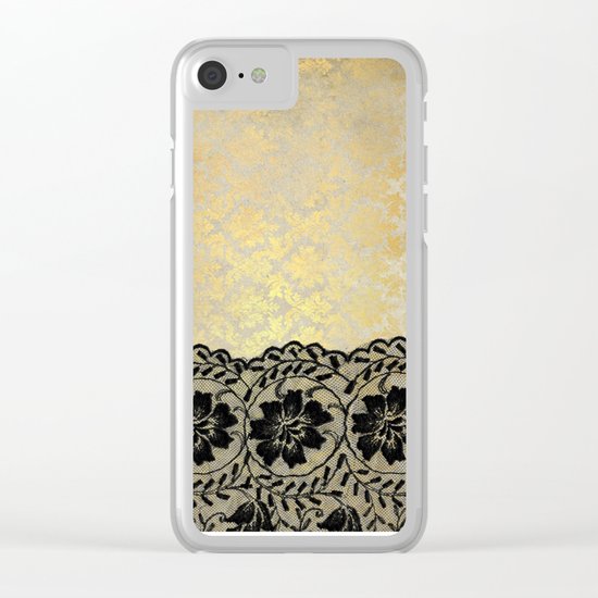 Black floral luxury lace on gold damask pattern Clear iPhone Case