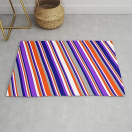 [ Thumbnail: Eyecatching Blue, Dark Grey, Red, White, and Purple Colored Stripes/Lines Pattern Rug ]