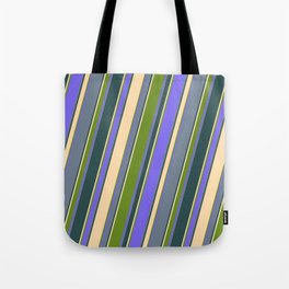 [ Thumbnail: Tan, Green, Medium Slate Blue, Slate Gray, and Dark Slate Gray Colored Lined/Striped Pattern Tote Bag ]