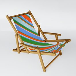[ Thumbnail: Cornflower Blue, Forest Green, Red, and Powder Blue Colored Lines Pattern Sling Chair ]