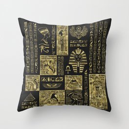 Egyptian  hieroglyphs and symbols gold on black leather Throw Pillow