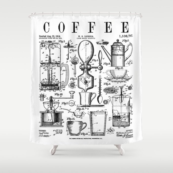 Coffee Drinker Lover Caffeine Addict Vintage Patent Print Shower Curtain
