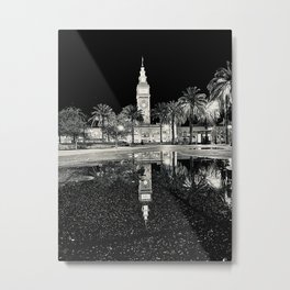 Starry on a Starless Night - San Francisco Ferry Building Metal Print | City, Ferrybuilding, Black And White, Bw, Dark, Reflection, Starry, Tower, Black, Puddle 
