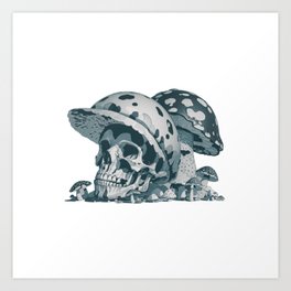 black and white ghost mushroom skull illustration Art Print