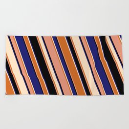 [ Thumbnail: Eyecatching Bisque, Chocolate, Dark Salmon, Black & Midnight Blue Colored Stripes/Lines Pattern Beach Towel ]