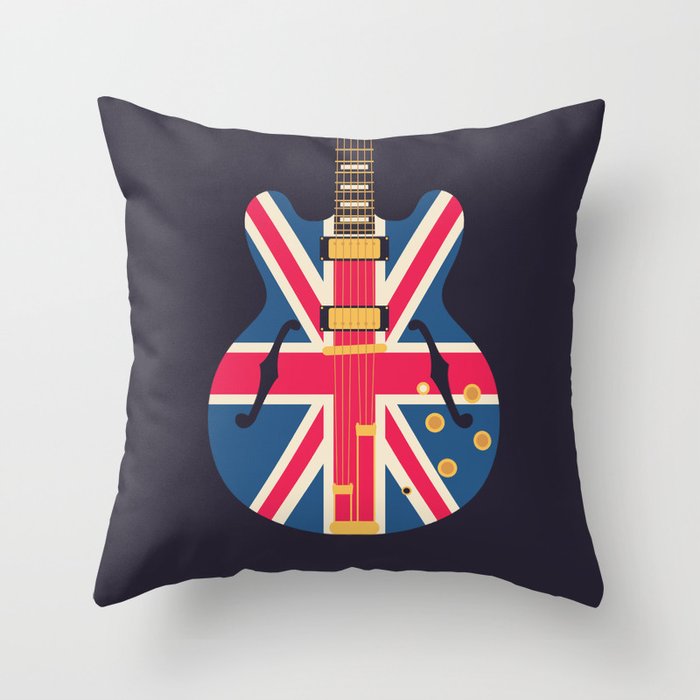 Union Jack Flag Britpop Guitar - Black Throw Pillow
