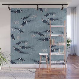 Orca in Motion / blue-gray ocean pattern Wall Mural