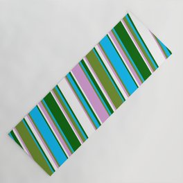 [ Thumbnail: Eye-catching Plum, Green, Deep Sky Blue, Dark Green, and White Colored Lined/Striped Pattern Yoga Mat ]