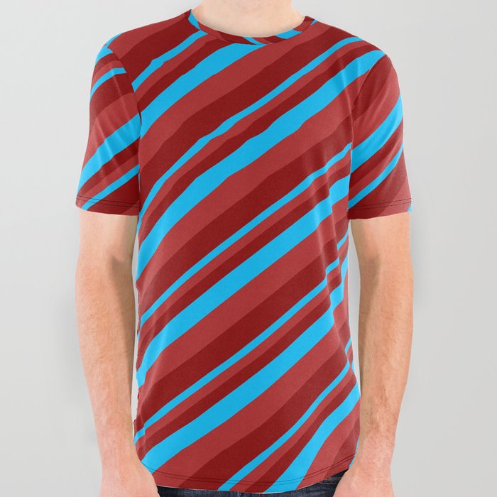 Deep Sky Blue, Red & Dark Red Colored Lines Pattern All Over Graphic Tee