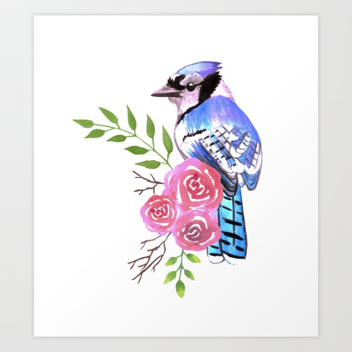 Blue Jay on a floral branch watercolor bird painting Art Print