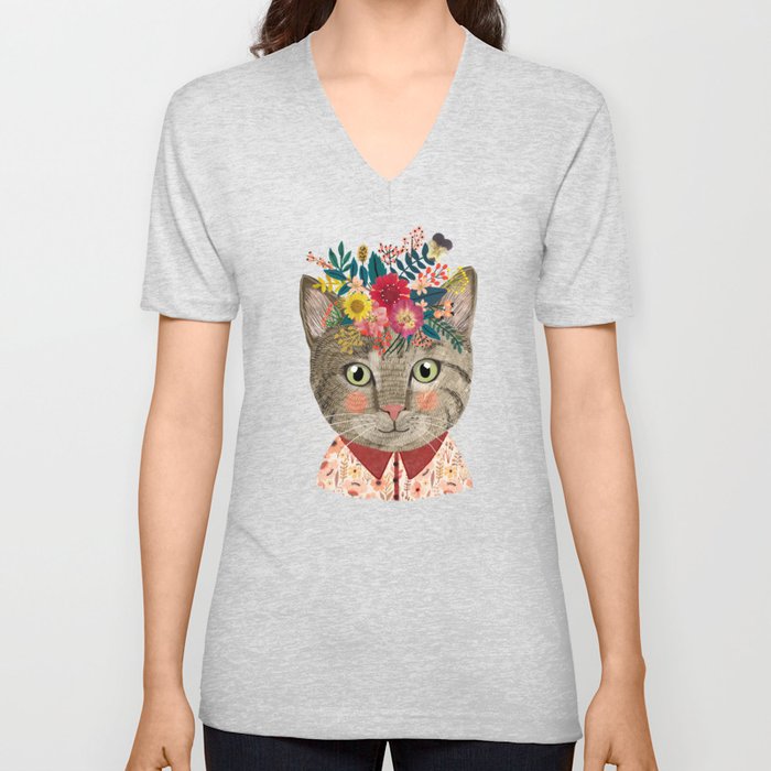 Grey cat with flower crown V Neck T Shirt