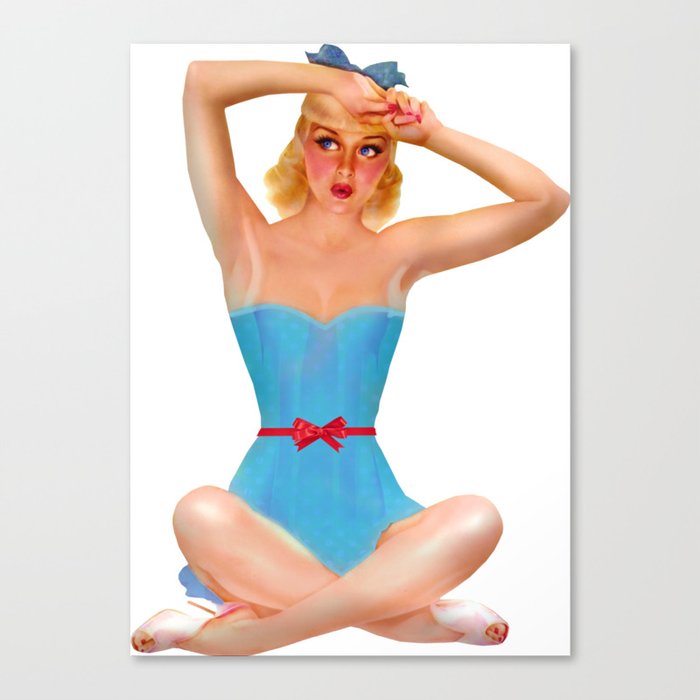 Sexy Blonde Tan Pin Up With Blue Eyes Vintage Light Blue Dress Legs Crossed Canvas Print