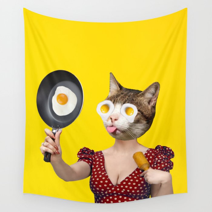 Sunny side up, cat, lady, eggs collage Wall Tapestry