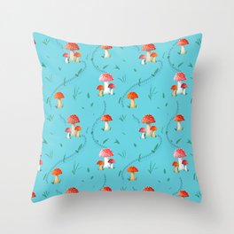 Mushrooms on a bright blue background Throw Pillow