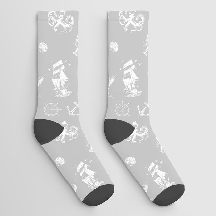 Light Grey And White Silhouettes Of Vintage Nautical Pattern Socks