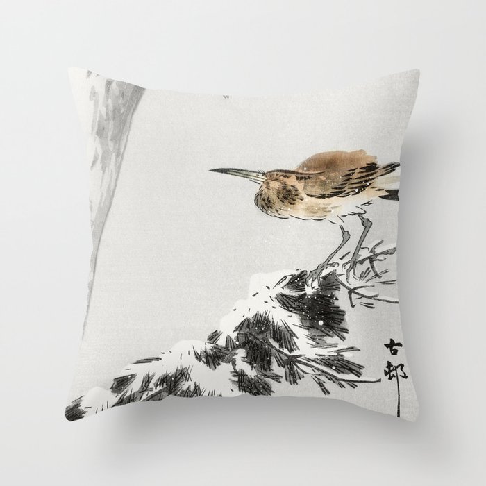 Ohara Koson, Bird Sitting On Snowy Tree Branch - Vintage Japanese Woodblock Print Throw Pillow