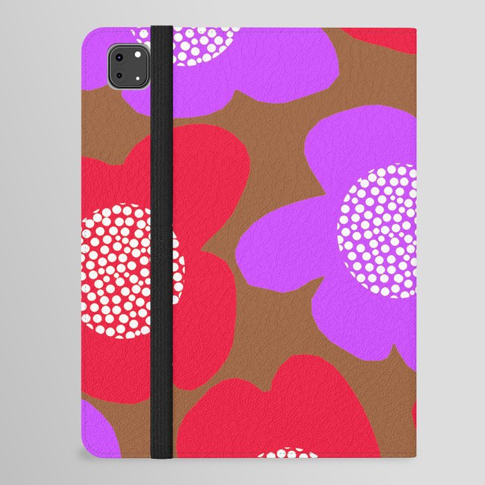 Large Retro Flowers Red And Purple Petals White Center Brown Background #decor #society6 #buyart iPad Folio Case