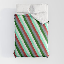 [ Thumbnail: Mint Cream, Aquamarine, Red, Light Slate Gray, and Dark Green Colored Striped/Lined Pattern Comforter ]