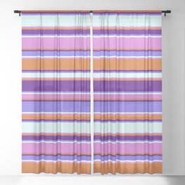 [ Thumbnail: Colorful Chocolate, Indigo, Medium Slate Blue, Light Cyan, and Orchid Colored Stripes Pattern Sheer Curtain ]