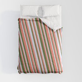 [ Thumbnail: Salmon, Dark Olive Green & Lavender Colored Lines Pattern Comforter ]
