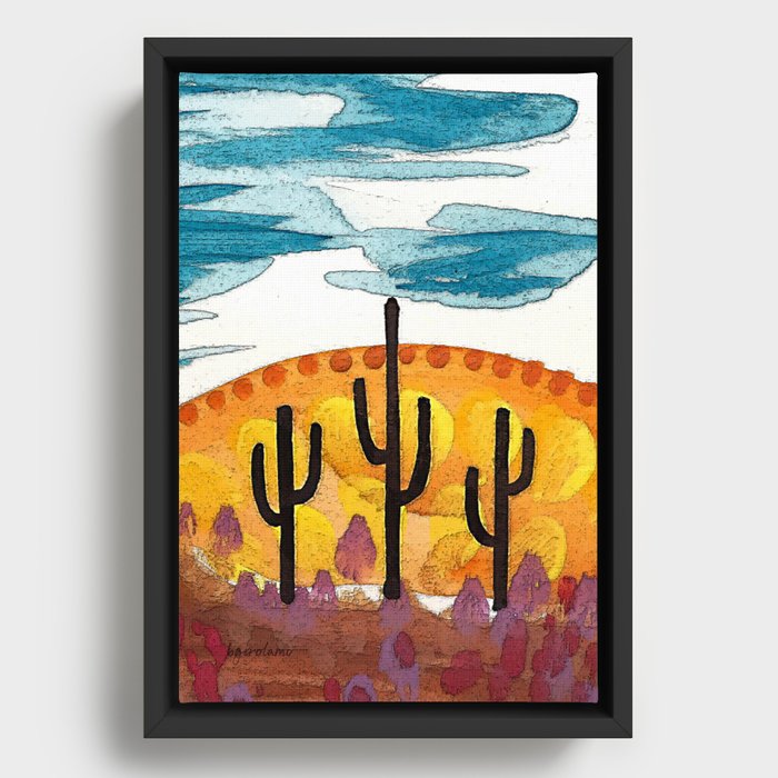 Three Saguaros Framed Canvas