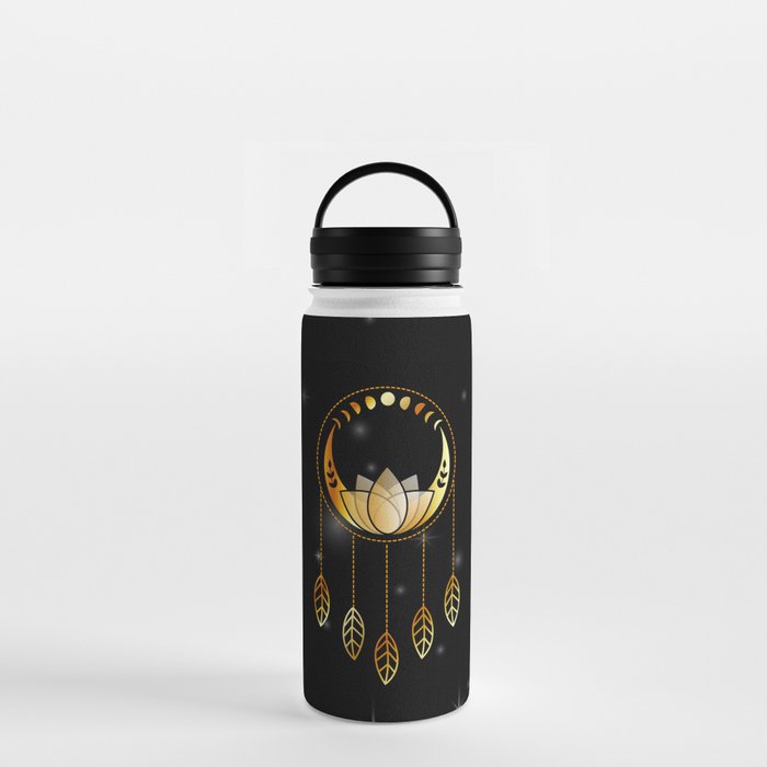 Mystic lotus dream catcher with moons and stars gold Water Bottle