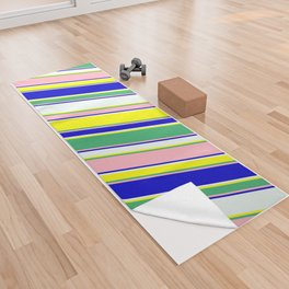[ Thumbnail: Eyecatching Mint Cream, Yellow, Sea Green, Light Pink & Blue Colored Lines/Stripes Pattern Yoga Towel ]