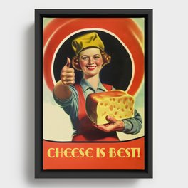 Young retro woman holding huge piece of Emmental cheese and smiling a nostalgic and vintage Framed Canvas