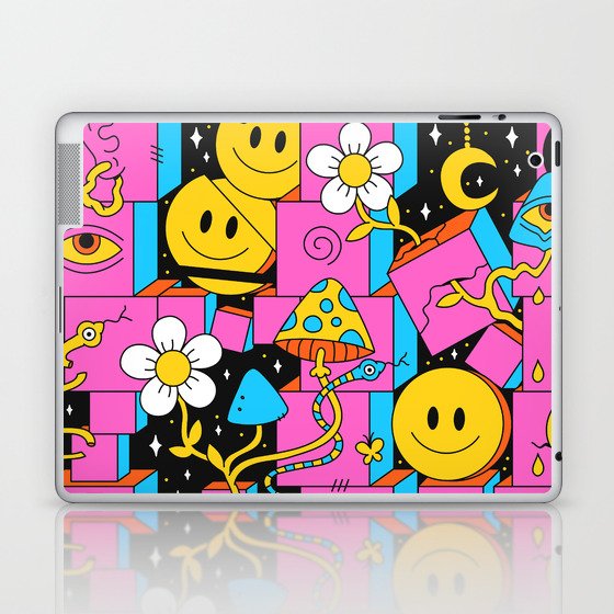 Space trippy 60s style psychedelic geometry seamless pattern art. crazy illustration. Smiley groovy faces, magic mushrooms, space, techno, acid, trippy style seamless pattern wallpaper print concept Laptop & iPad Skin