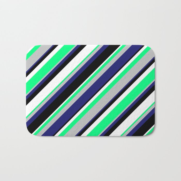 Green, Grey, Midnight Blue, Black & White Colored Stripes Pattern Bath Mat