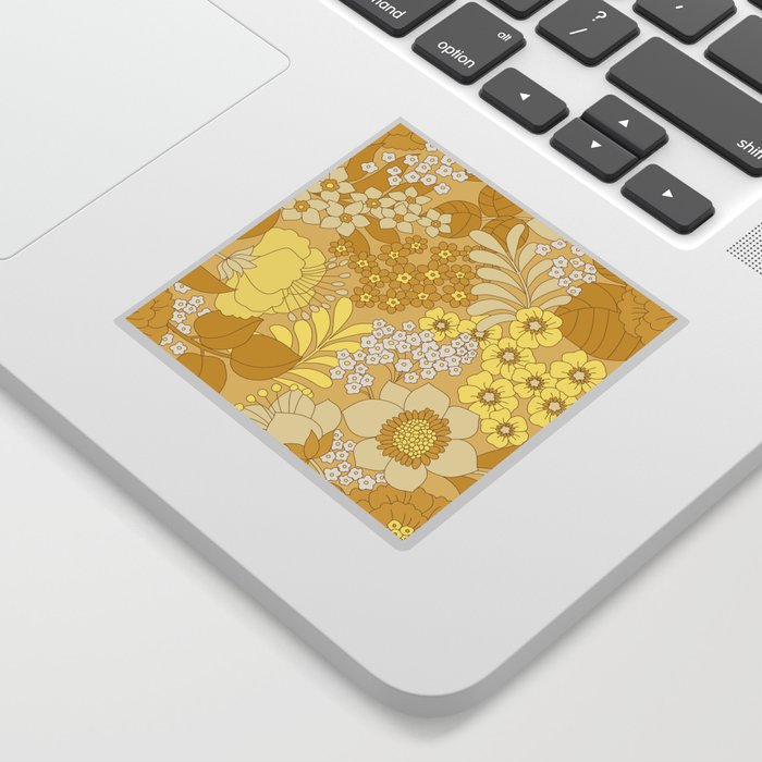 Yellow, Ivory & Brown Retro Floral Pattern Sticker