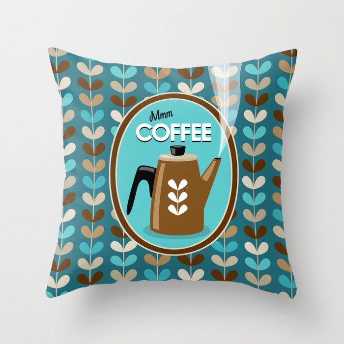 Mid Century Modern Coffee Kettle Kitchen Wall Decor // Caribbean Blue, Turquoise, Brown, Khaki, Tan Throw Pillow