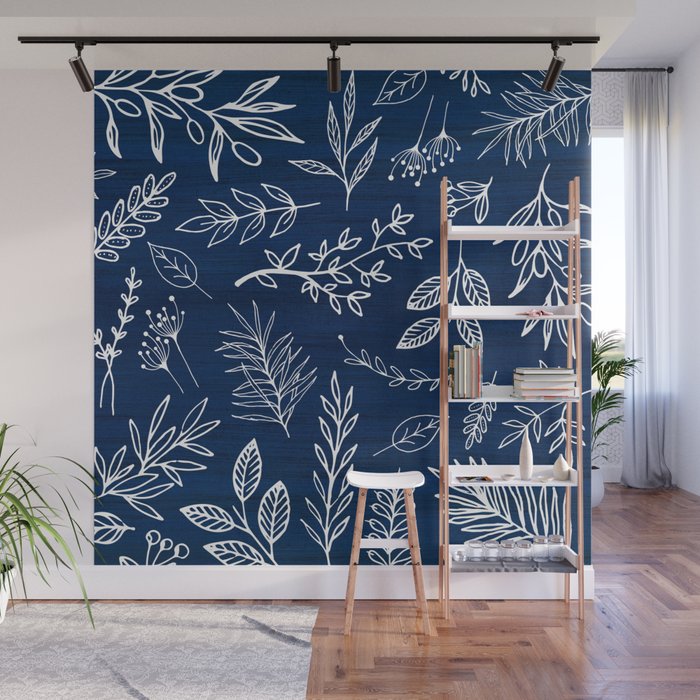 In The Wind Blue and White Leaf Sketch Wall Mural
