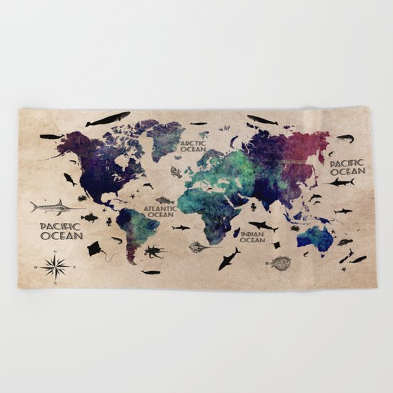 Oceans Life World Map #map #worldmap Beach Towel
