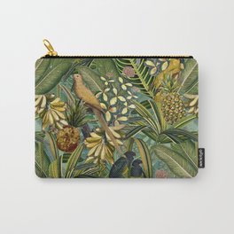 Vintage & Shabby Chic - Green Tropical Bird Flower Garden Carry-All Pouch | Pattern, Painting, Watercolor, Midnight, Garden, Botanical, Parrot, Banana, Night, Animal 