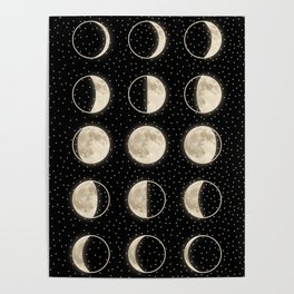 shiny moon phases on black / with stars Poster
