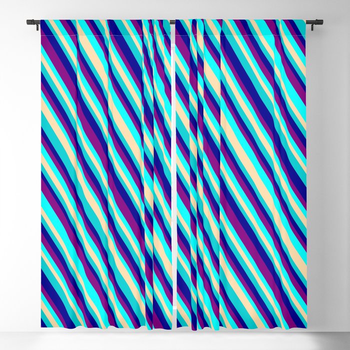 Eye-catching Purple, Aqua, Tan, Dark Turquoise, and Dark Blue Colored Stripes/Lines Pattern Blackout Curtain