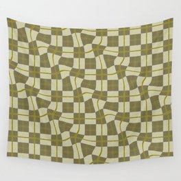 Warped Checkerboard Grid Illustration Green Yellow Wall Tapestry