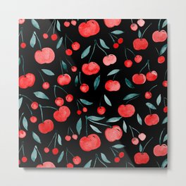 Watercolor cherries - black, red and teal Metal Print
