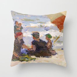 Bathers with Striped Umbrella, 1920 by Edward Henry Potthast Throw Pillow