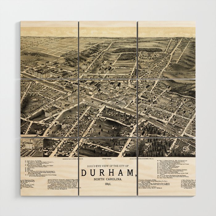 Durham - North Carolina - 1891 vintage pictorial map Wood Wall Art