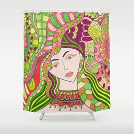 Beautiful fashion woman with abstract long hair. Hand drawn face. Colorful doodle cartoon illustration. Spring, summer girl, fantasy folk art Shower Curtain