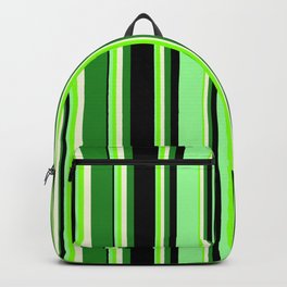 [ Thumbnail: Eyecatching Green, Chartreuse, Beige, Forest Green & Black Colored Stripes/Lines Pattern Backpack ]