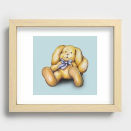 Cute Fluffy Bunny with Blue Ribbon on Blue Background. Cuddly Toy. Recessed Framed Print